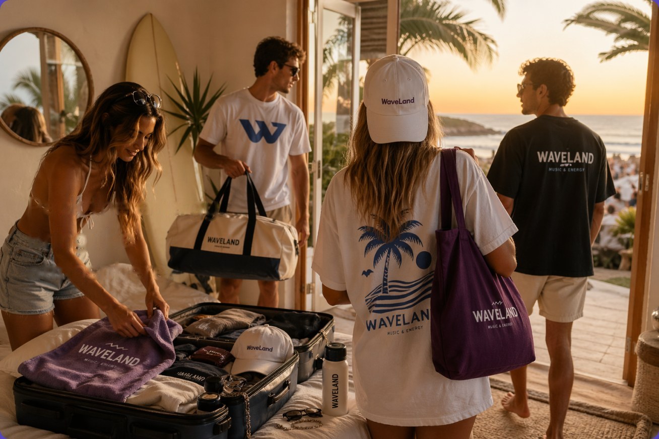 Venner pakker WaveLand-merchandise før festivalen